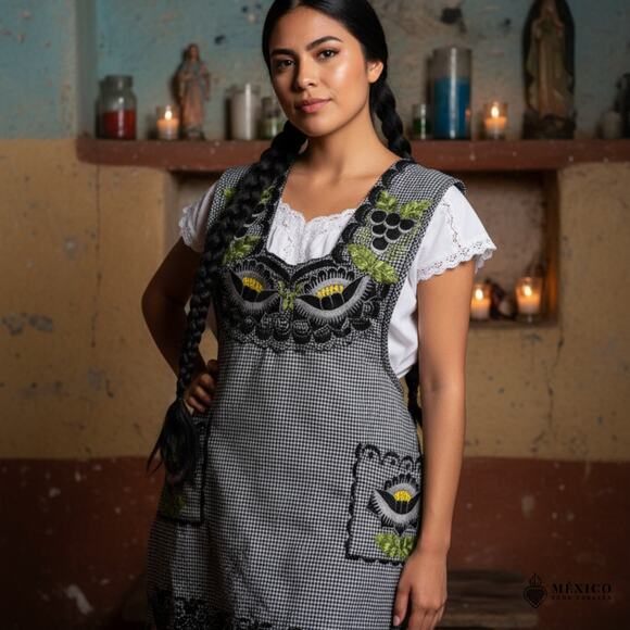 Black Mexican Embroidered Apron – Standard Kitchen Apron Floral Embroidery - Picture 2 of 4